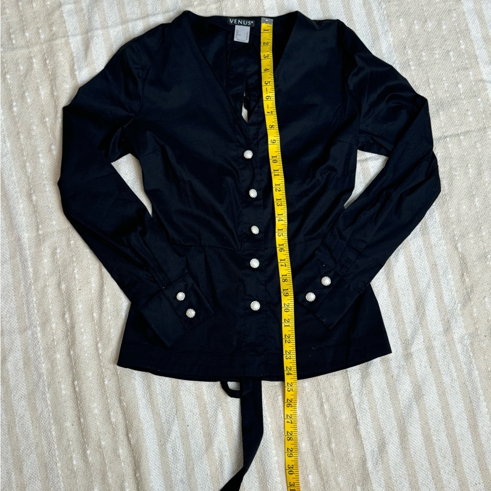 Venus black tie back pearl button down blouse - Picture 10 of 14